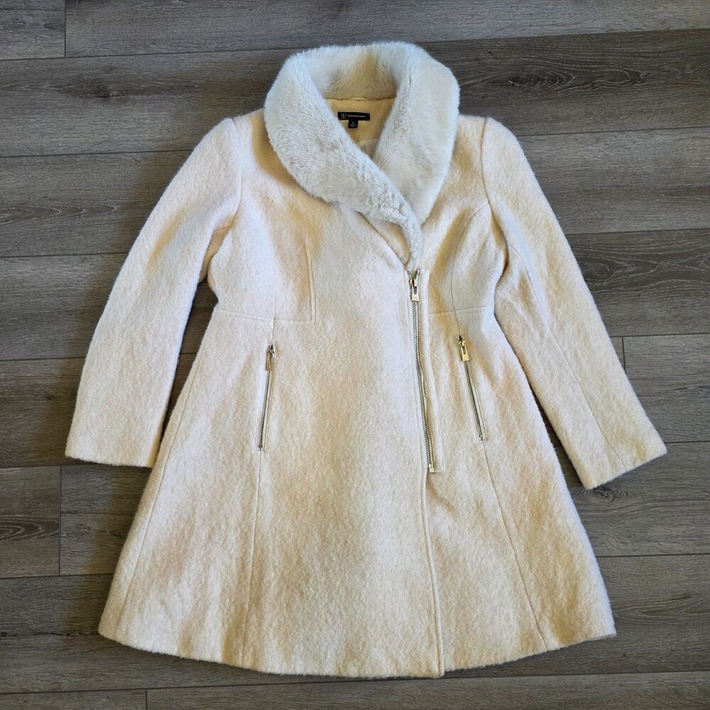 INC Faux-Fur-Trim Asymmetrical Walker Midi Coat Ivory Womens XL Wool Overcoat - Picture 2 of 7